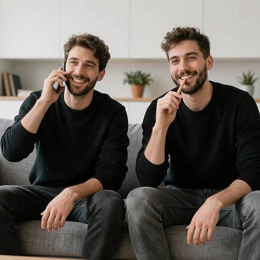 Two Men on Gray Couch Smiling
