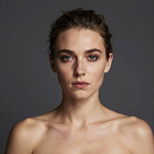 Photograph of a young woman with fair skin, blue eyes, and dark hair pulled back, standing against a dark gray background, topless, displaying