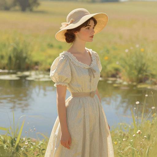 Photograph of a fair-skinned woman with brown curly hair, wearing a light yellow dress and wide-brimmed hat, standing by a serene pond