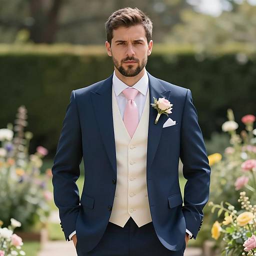 Elegant Wedding Suit in Garden Portrait