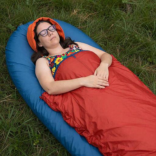 Woman Relaxing in Colorful Sleeping Bags