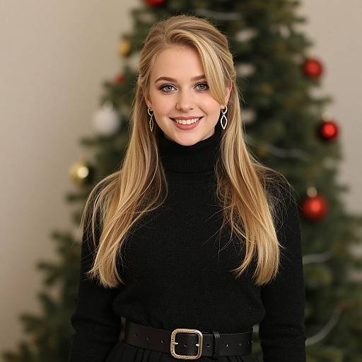 Photograph of a smiling blonde woman with long hair, wearing a black turtleneck and belt, standing in front of a Christmas tree with red and