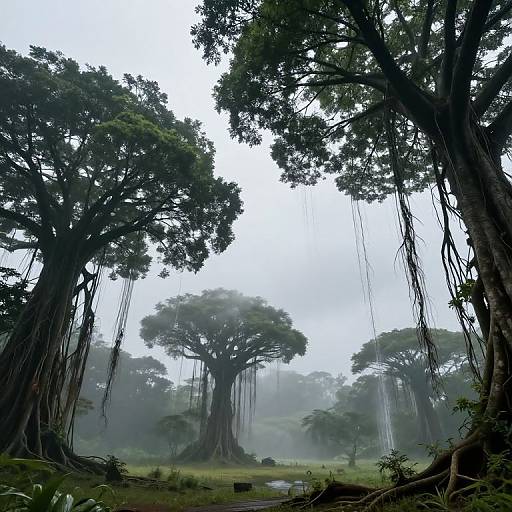 Photograph of a misty rainforest with tall, leafy trees and long, hanging vines; overcast sky, foggy background, and lush