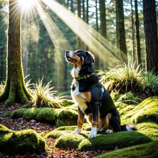 Dog Sitting in Sunlit Forest