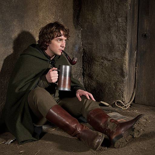 Photograph of a young man with wavy brown hair, wearing a dark green cloak, brown pants, and brown leather boots, sitting on a dirt