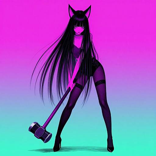 Japanese Girl with Kitsune Ears Holding Sledgehammer
