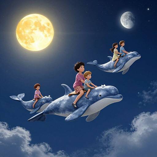 Digital illustration of four children riding blue dolphins under a bright full moon and a smaller moon in a starry night sky.