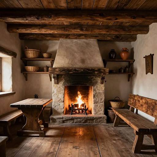 Photograph of rustic wooden room with stone fireplace, warm orange flames, wooden benches, wicker baskets, and exposed ceiling beams.
