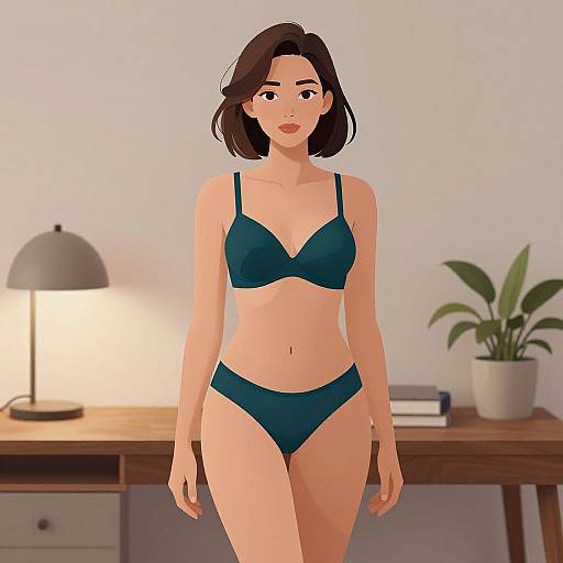 Digital illustration of a brown-haired woman in teal bra and panties, standing in a modern room with a lamp and potted plant.