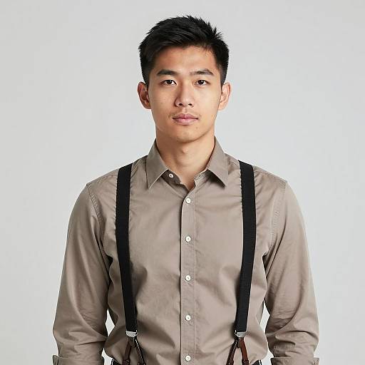 Young Asian Man in Light Brown Shirt with Suspenders