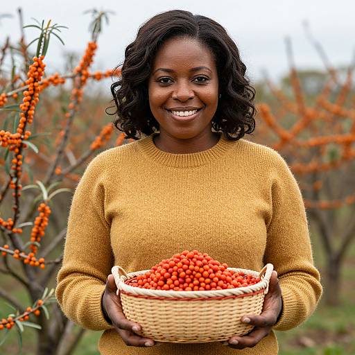 Photograph of a smiling Black woman with short curly hair, wearing a yellow sweater, holding a woven basket of bright orange berries, in an orange berry