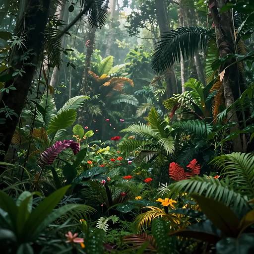 Colorful Misty Jungle with Dense Vegetation