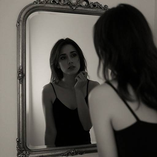 Black-and-white photograph of a woman with wet, shoulder-length hair, wearing a dark spaghetti-strap dress, gazing at herself in an ornate