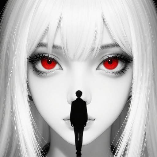 Digital anime-style drawing of a pale-skinned, white-haired girl with intense red eyes, silhouetted small figure in front, stark black-white