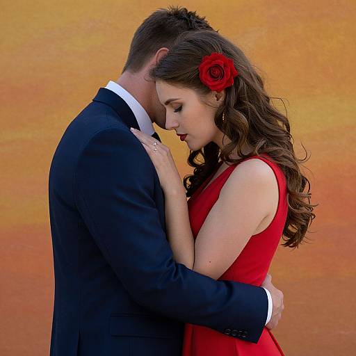 Photograph of a couple in a tender embrace; man in black suit, woman in red dress with red rose hairpin, against orange background.