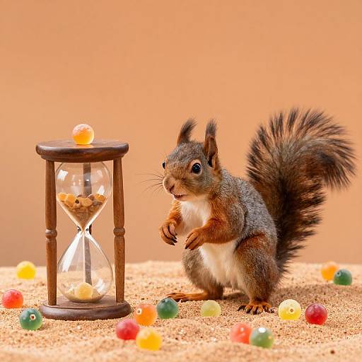 Photograph of a curious gray squirrel with a bushy tail, standing beside a small wooden hourglass, surrounded by colorful candy balls on a sandy surface