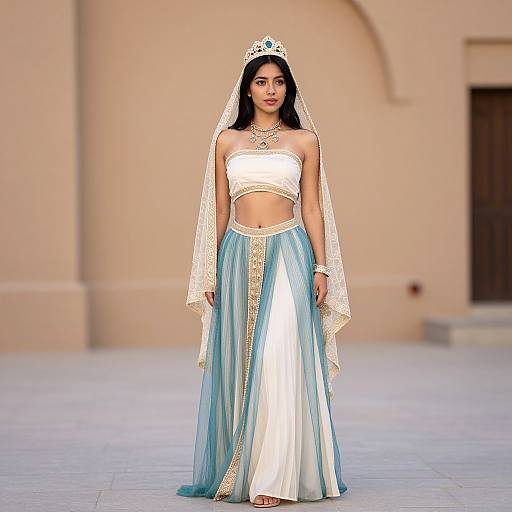 Photograph of a young woman modeling a white and blue, strapless, midriff-baring, long skirt dress with a lace veil and jew