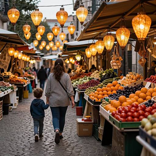 Photograph of a mother and child walking through a vibrant, cobblestone market stall-lined street, illuminated by glowing, hanging lanterns. Fresh fruits