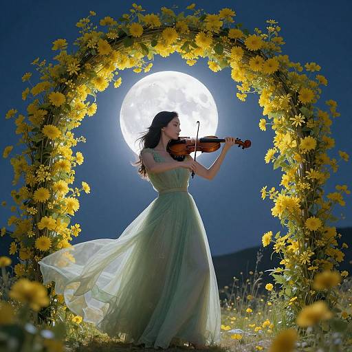 Photograph of a woman in a flowing green dress, playing violin under a moonlit arch of yellow flowers, with a night sky background.