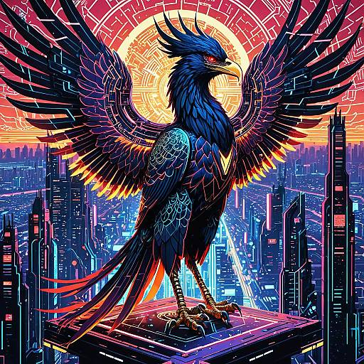 Crystalline Phoenix in Cyberpunk Cityscape