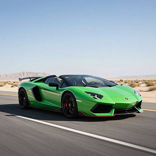 Photorealistic CGI image of a vivid green Lamborghini Aventador sports car speeding on a desert highway under a clear blue sky.