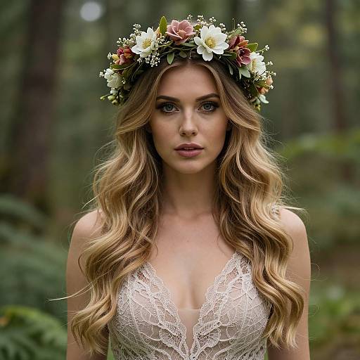 Photograph of a blonde woman with wavy hair, wearing a white lace dress and floral crown, standing in a forest.