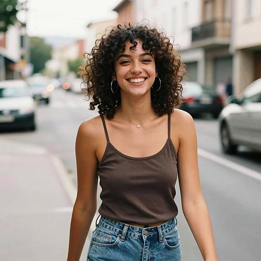 Cheerful Curly-Haired Woman in City