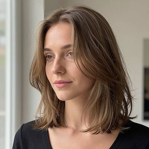 Photograph of a young woman with light brown shoulder-length hair, fair skin, green eyes, and subtle pink lipstick, wearing a black top, softly