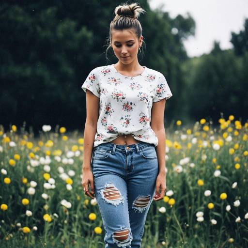 Young Woman in Floral Shirt and Torn Jeans Outdoors