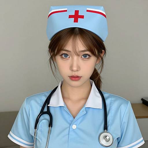 Photograph of a young Asian woman with blue eyes, wearing a light blue nurse uniform, cap with red cross, stethoscope, and white collar