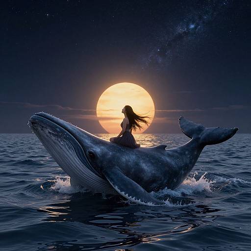 Digital art: Silhouetted woman with long hair sits on a whale, riding ocean waves under a glowing full moon and starry sky.