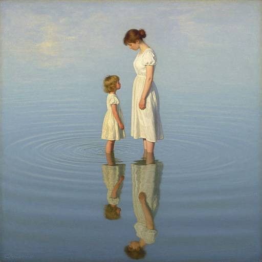 Digital painting of a woman and young girl in white dresses standing in calm, reflective water, looking at each other.