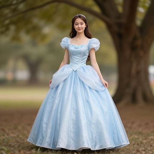 Photograph of an Asian woman in a light blue, satin Cinderella-style ball gown with puffed sleeves, standing in a sunlit park with trees