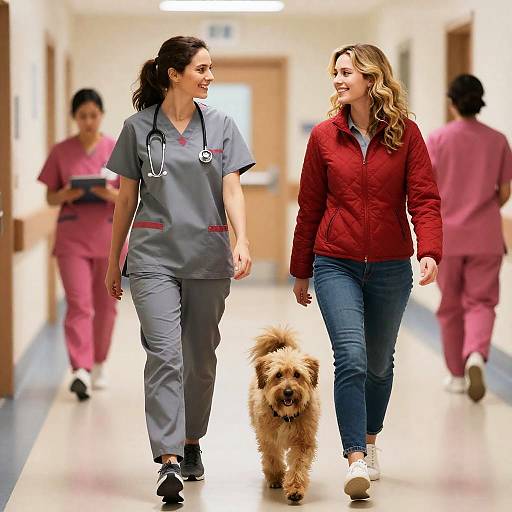 Joyful Hospital Scene with Women and Dog