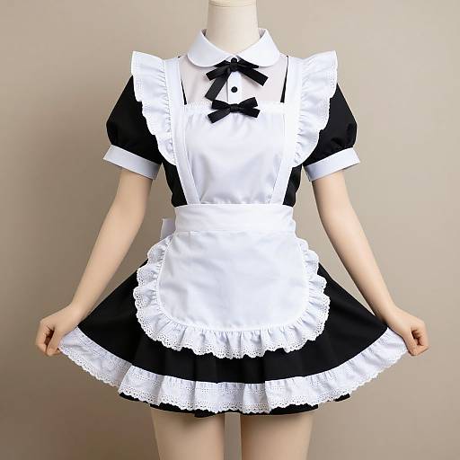Photograph of a headless, white mannequin wearing a black and white French maid outfit with lace trim, black bow tie, and short sleeves