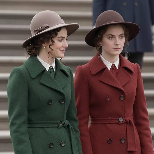 Two Women in Vintage Coats and Hats Outdoors