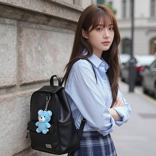 Asian Woman in Blue Shirt with Backpack Outdoors