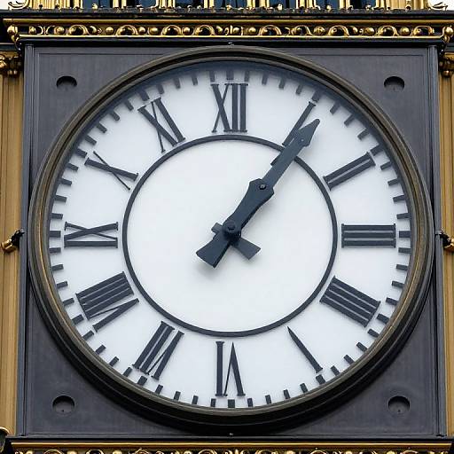 Photograph of a classic black and white clock with Roman numerals, black hands, and ornate gold trim on a square frame.