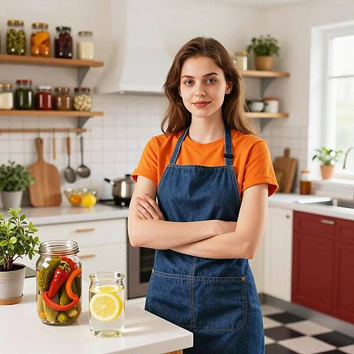 Photograph of a young woman with fair skin and brown hair, wearing an orange shirt and blue denim apron, standing in a bright, modern kitchen