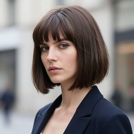 Photograph of a pale-skinned woman with a short, dark brown bob haircut, wearing a black blazer, standing in a blurred urban background.
