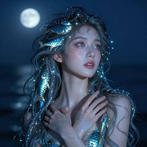 Digital artwork of a pale, blue-lit mermaid with long, wavy hair adorned with glowing sea stars, gazing upward under a full moon