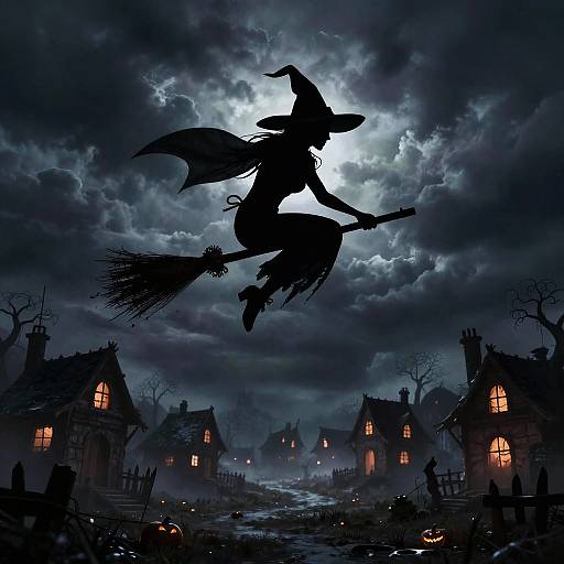 Spooky Witch Flying Over Village