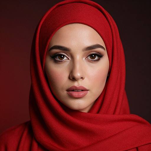Photograph of a beautiful woman with fair skin, large brown eyes, and full lips, wearing a vibrant red hijab against a dark red gradient background