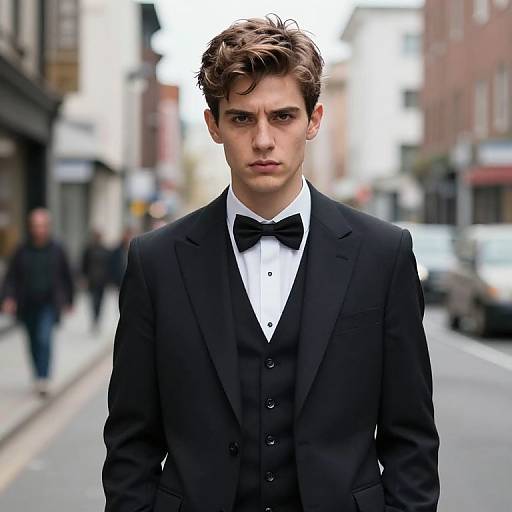 Photograph of a young, handsome man with wavy brown hair, wearing a black tuxedo with a bow tie, standing on a blurred city