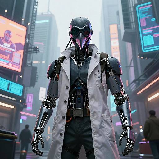 Cyborg with black helmet, glowing pink visor, white lab coat, standing in neon-lit futuristic city street, surrounded by glowing billboards.