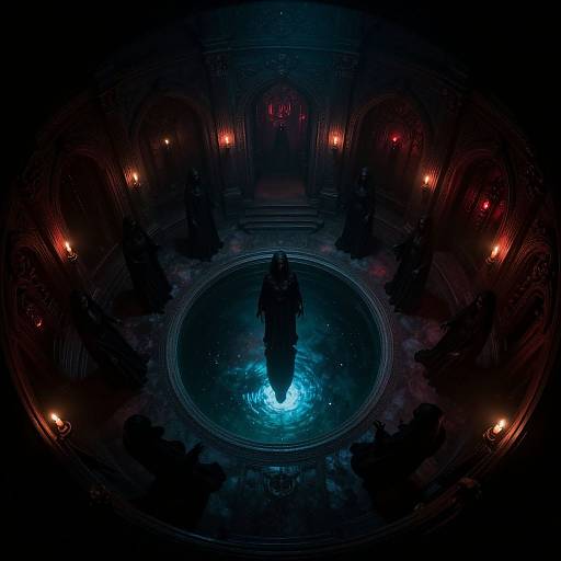 Aerial shot: Silhouetted figure standing in glowing blue circle, surrounded by dark, ornate chamber with red candles on arches. Moody
