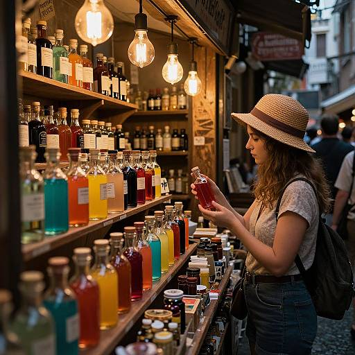 Photograph of a woman in a straw hat examining colorful glass bottles of various liquids in a warmly lit, rustic market stall.