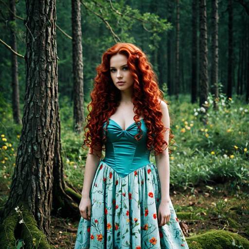 Redhead Woman in Floral Dress in Forest