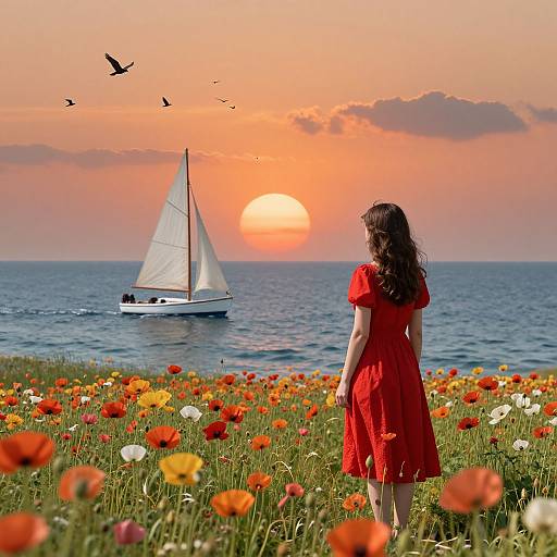 Photograph of a woman in a red dress standing in a vibrant flower field, watching a sailboat near a sunset over the ocean, with birds flying