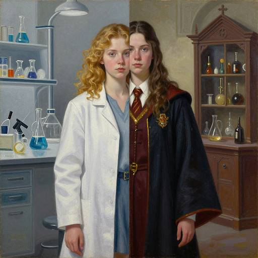 Digital painting of a laboratory scene with a red-haired woman in a white lab coat and a brown-haired woman in a dark academic robe, standing side by
